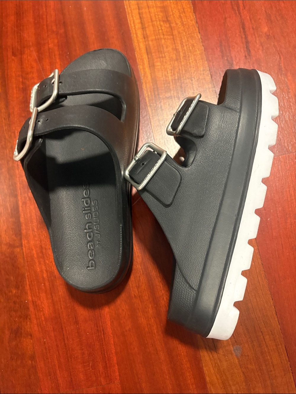 J/Slides Black Double-Buckle Slide Sandals with White Lug Sole